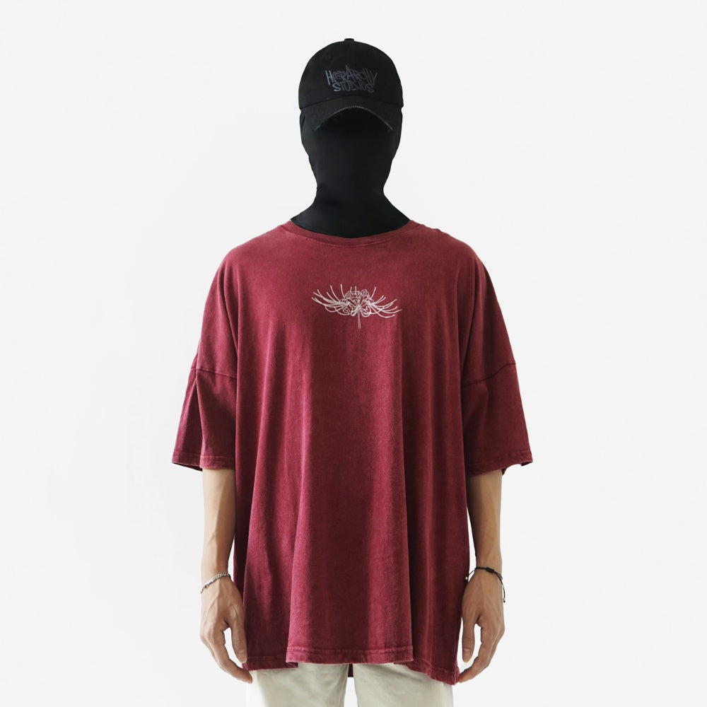 Flowers Wide Spider Lily Oversized T-shirt Washed Red