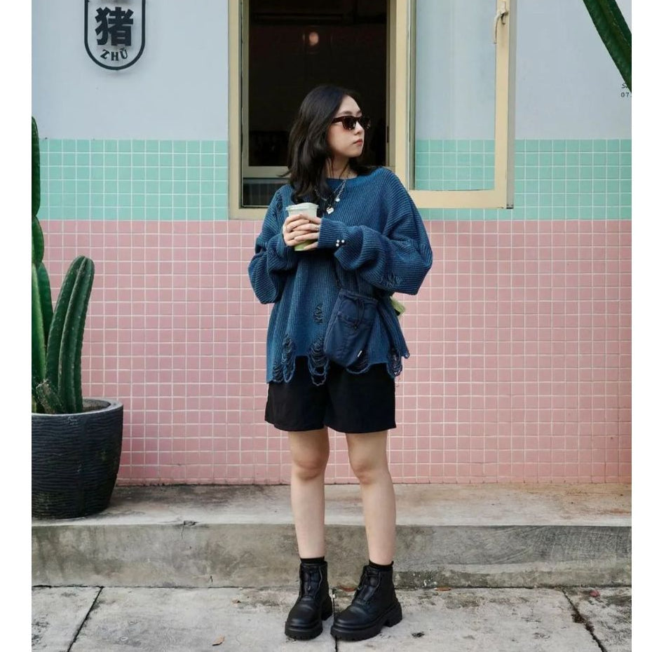 Distressed Blue Flux Oversized Knit Sweater