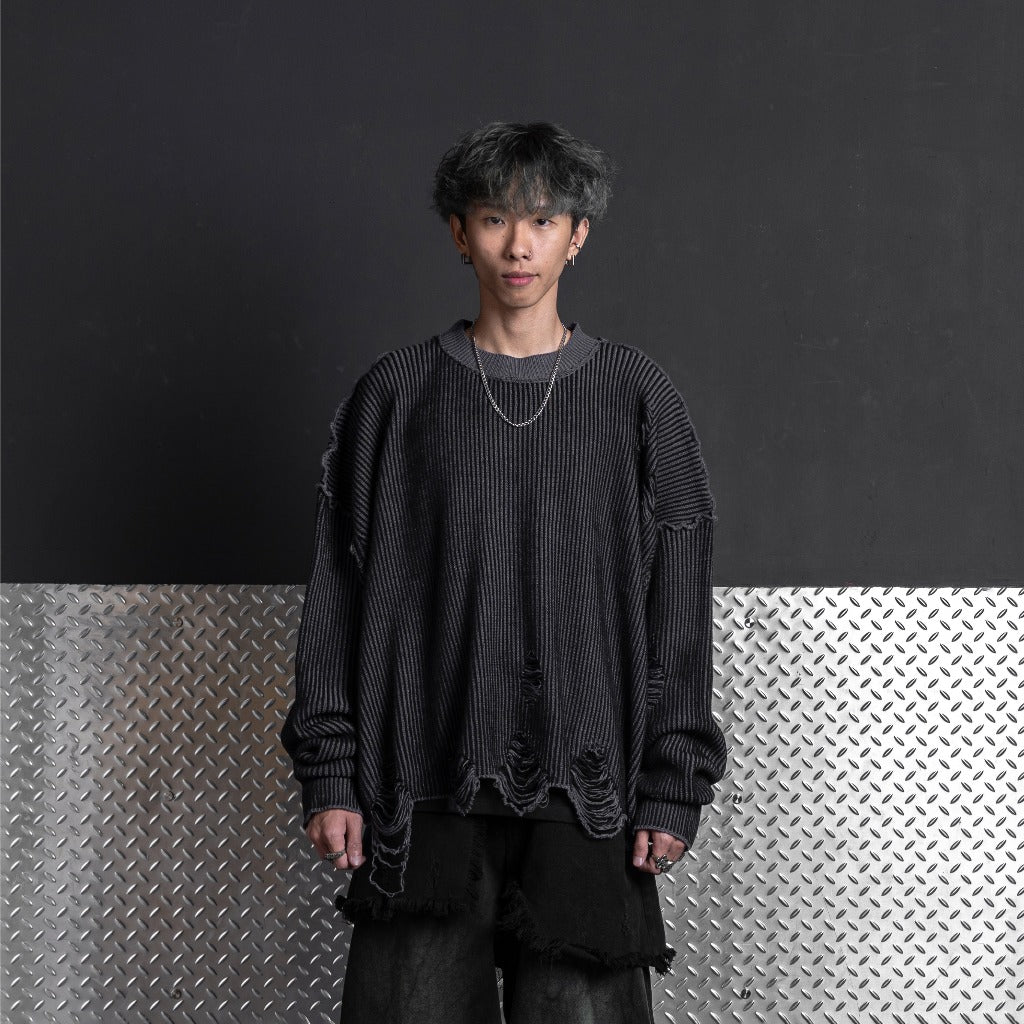 HIERARCHY STUDIOS Chroma - Distressed Dark Grey Flux Oversized Knit Sweater