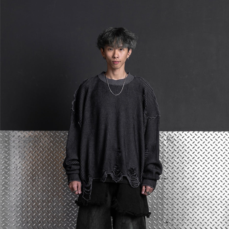 HIERARCHY STUDIOS Chroma - Distressed Dark Grey Flux Oversized Knit Sweater