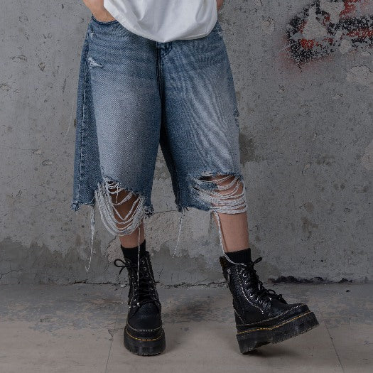 HIERARCHY STUDIOS TYPEWRITER - Blue Ripped Denim Jorts