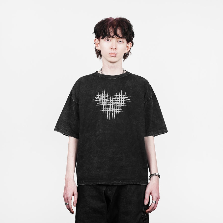 HIERARCHY STUDIOS ENE - Washed Black Hearts Logo Boxy Oversized T-Shirt