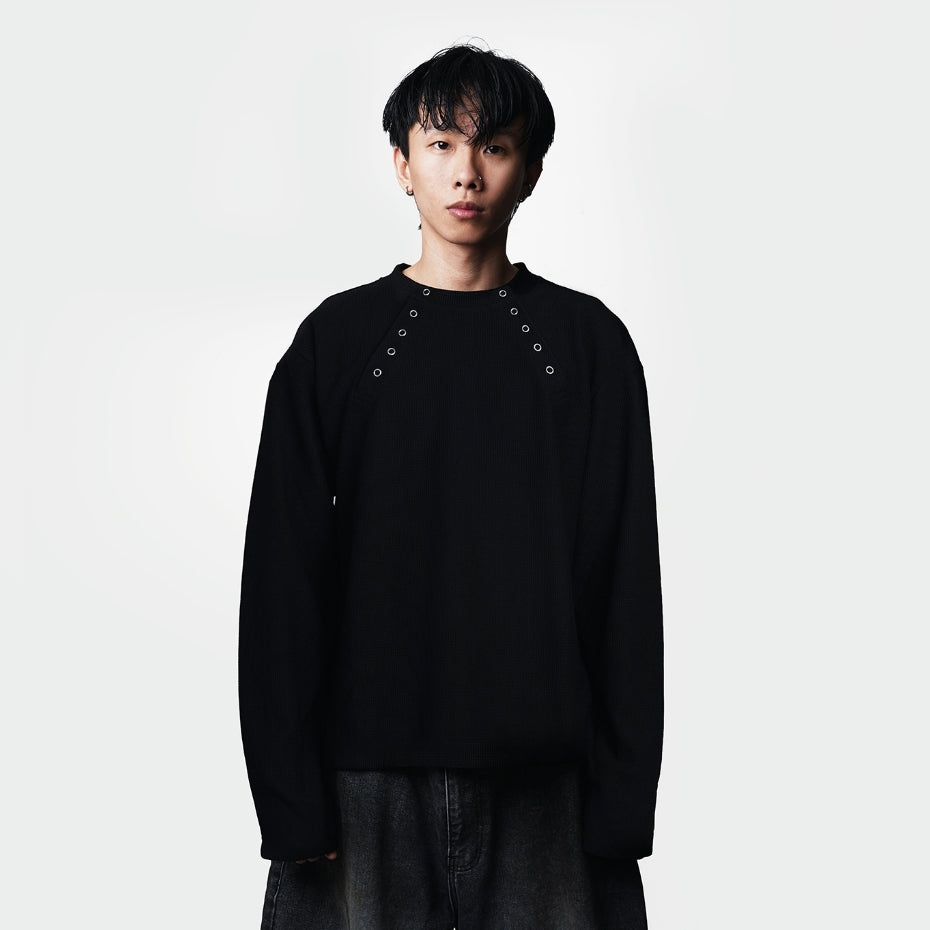 Black Double Basic Thermal Waffle Henley Boxy Long Sleeve