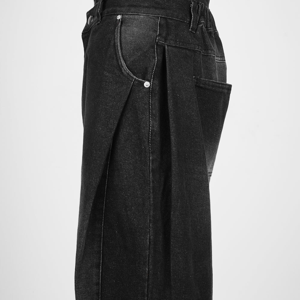 Black Slant Baggy Denim Pants