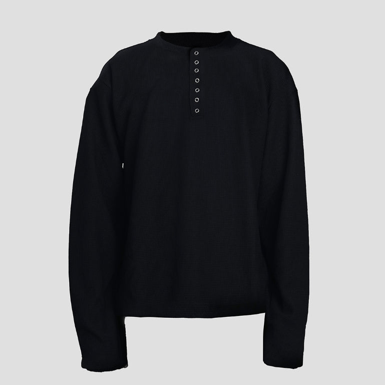 Hierarchy Studios HOLLOWS - Black Basic Henley Thermal Waffle Boxy Long Sleeve
