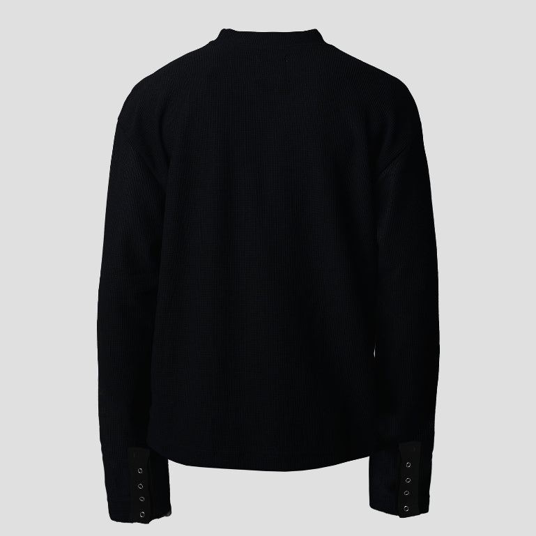 Black Double Basic Thermal Waffle Henley Boxy Long Sleeve
