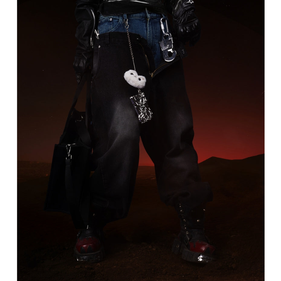 Black Slant Baggy Denim Pants