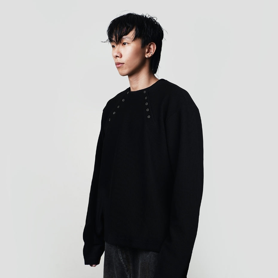 Black Double Basic Thermal Waffle Henley Boxy Long Sleeve