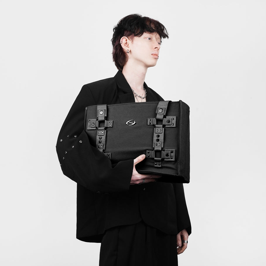 HIERARCHY STUDIOS ENE - Black Metal Plate Stud Tote Bag