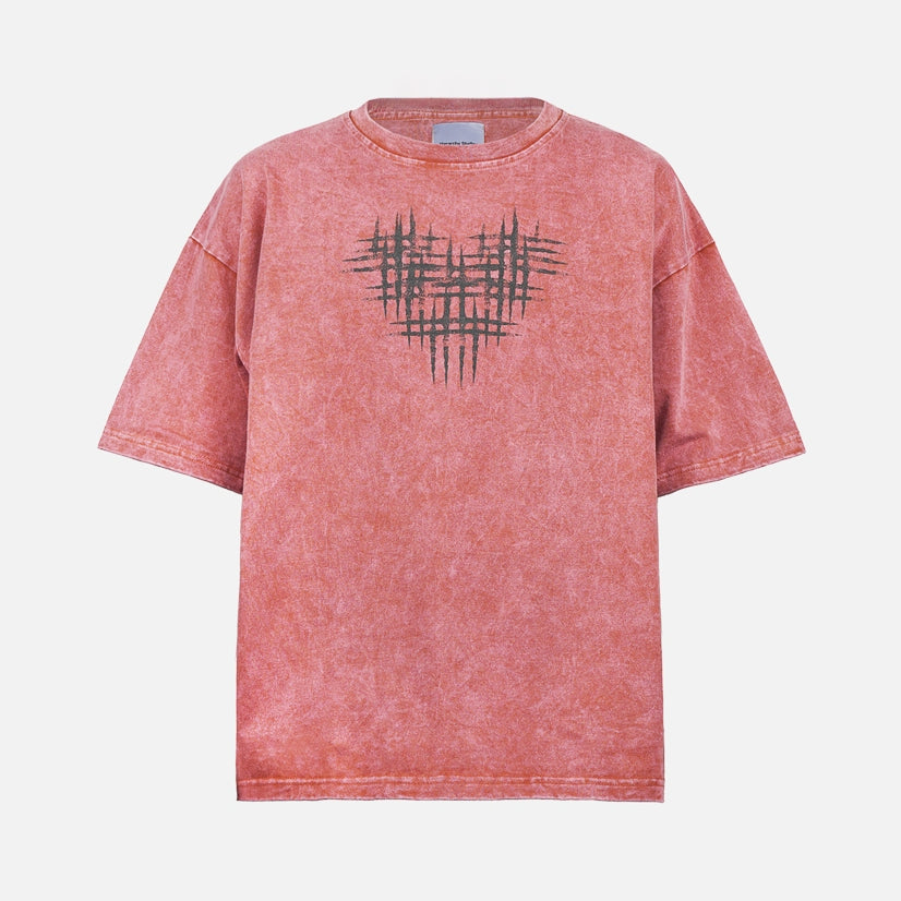 Washed Pink Hearts Logo Boxy Oversized T-Shirt