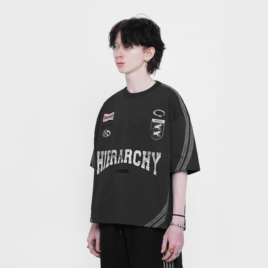 HIERARCHY STUDIOS TMTNW - Dark Grey Four Stripes Boxy Oversized T-Shirt