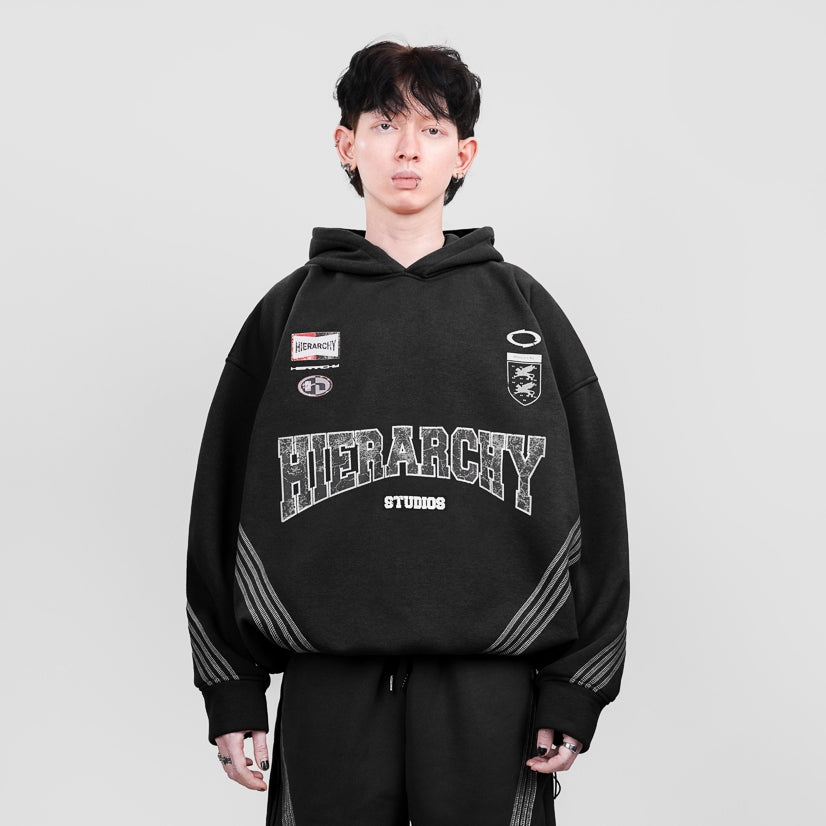 Hierarchy Studios FS - Black Four Stripes Boxy Oversized Hoodie