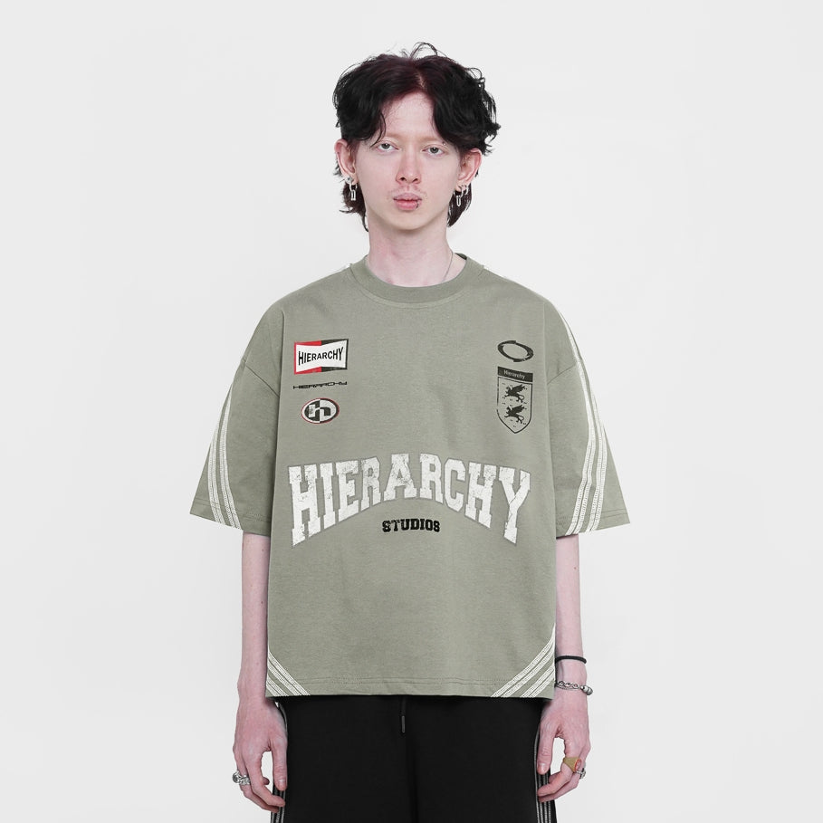 HIERARCHY STUDIOS TMTNW - Sage Green Four Stripes Boxy Oversized T-Shirt
