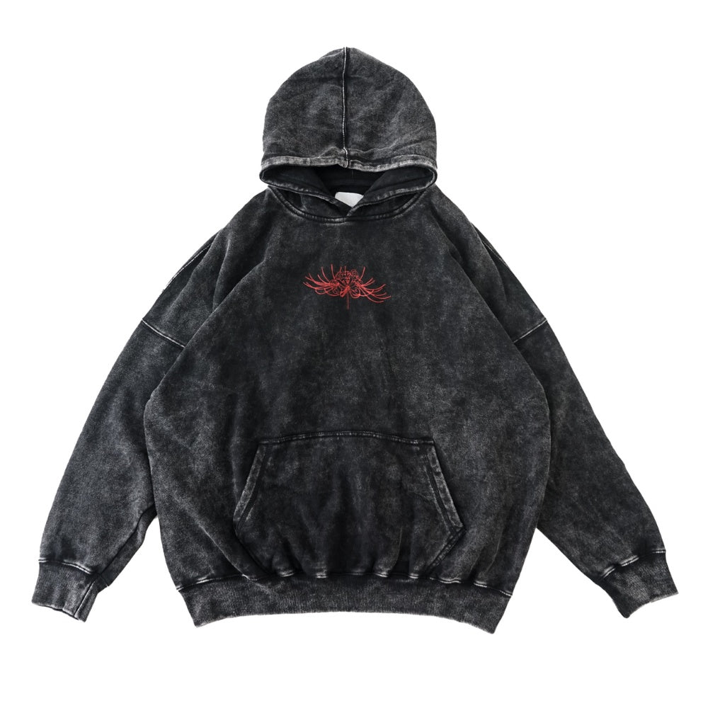 Washed Black Wide Spider Lily Oversized Hoodie
