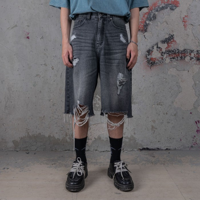 HIERARCHY STUDIOS TYPEWRITER - Grey Ripped Denim Jorts