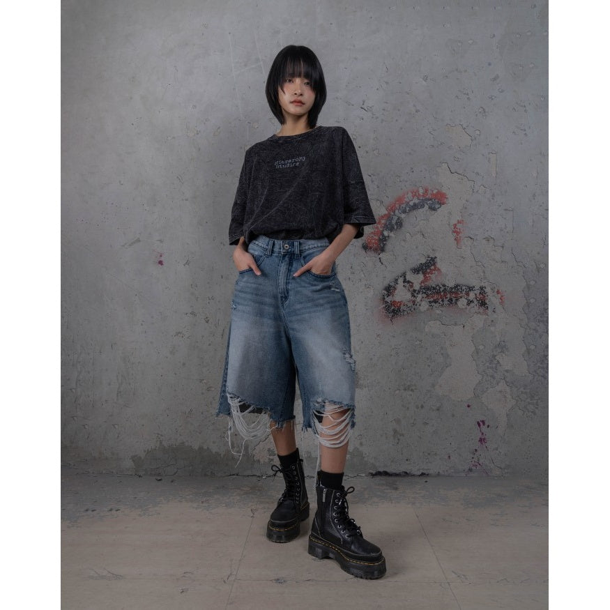 HIERARCHY STUDIOS TYPEWRITER - Blue Ripped Denim Jorts