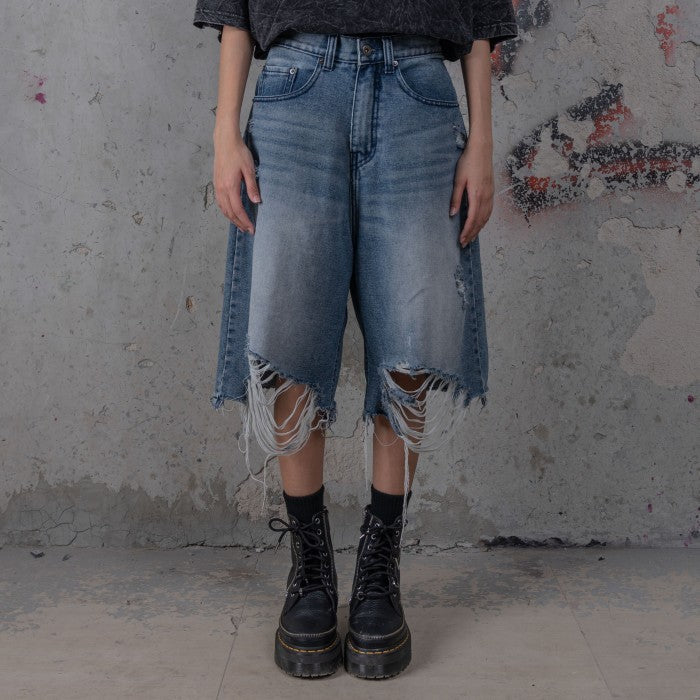 HIERARCHY STUDIOS TYPEWRITER - Blue Ripped Denim Jorts
