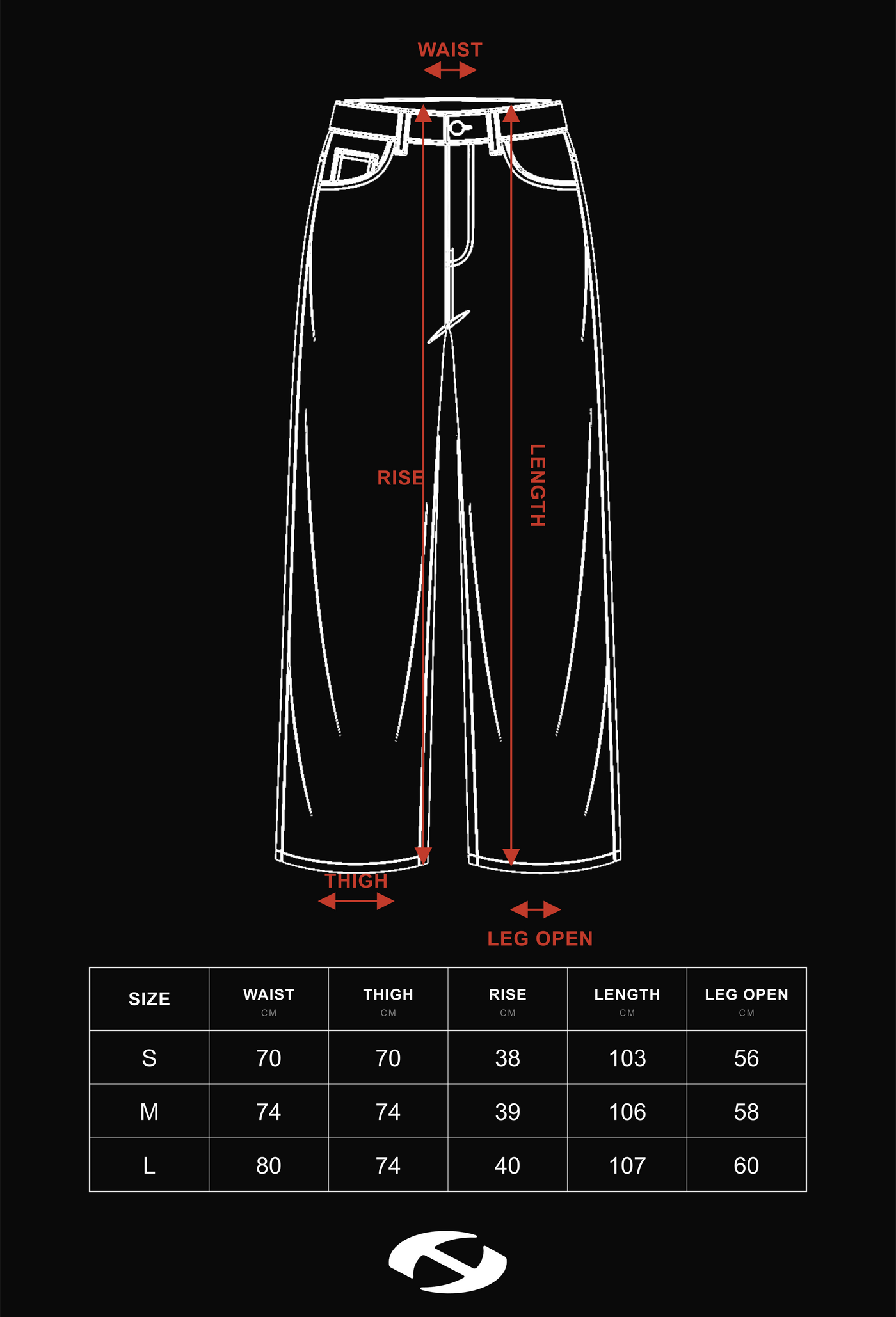 Size guide for HIERARCHY STUDIOS Unsolved - Black Cargo Baggy Longpants