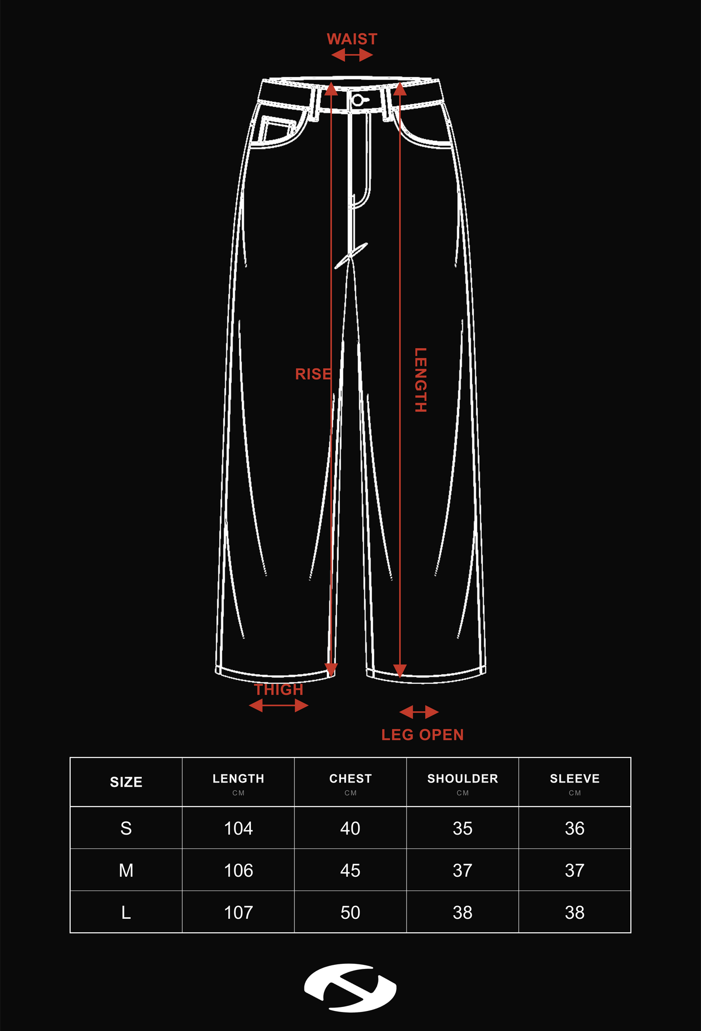 Size guide for HIERARCHY STUDIOS Warrior - Washed Grey Warrior Denim Baggy Pants