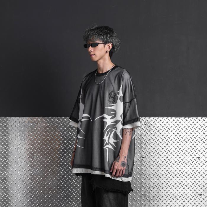 Black Tribal Wide Oversized Mesh Outer