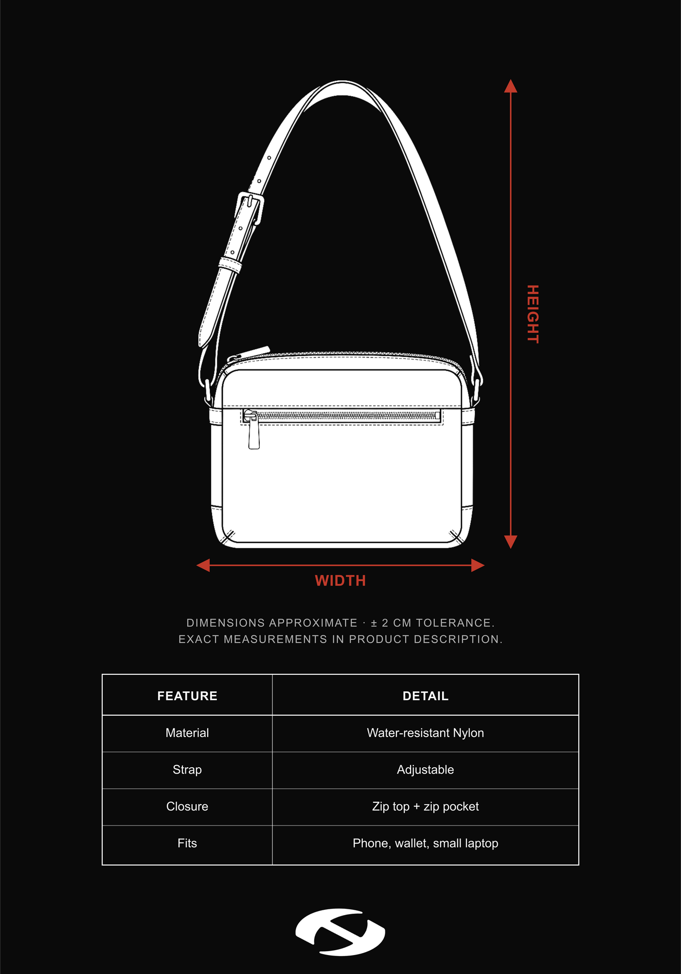 Size guide for Green Moon Nylon Bag