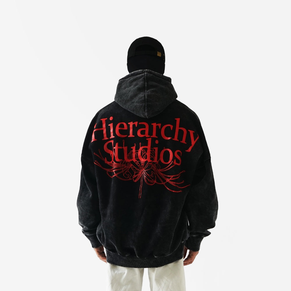 Washed Black Wide Spider Lily Oversized Hoodie