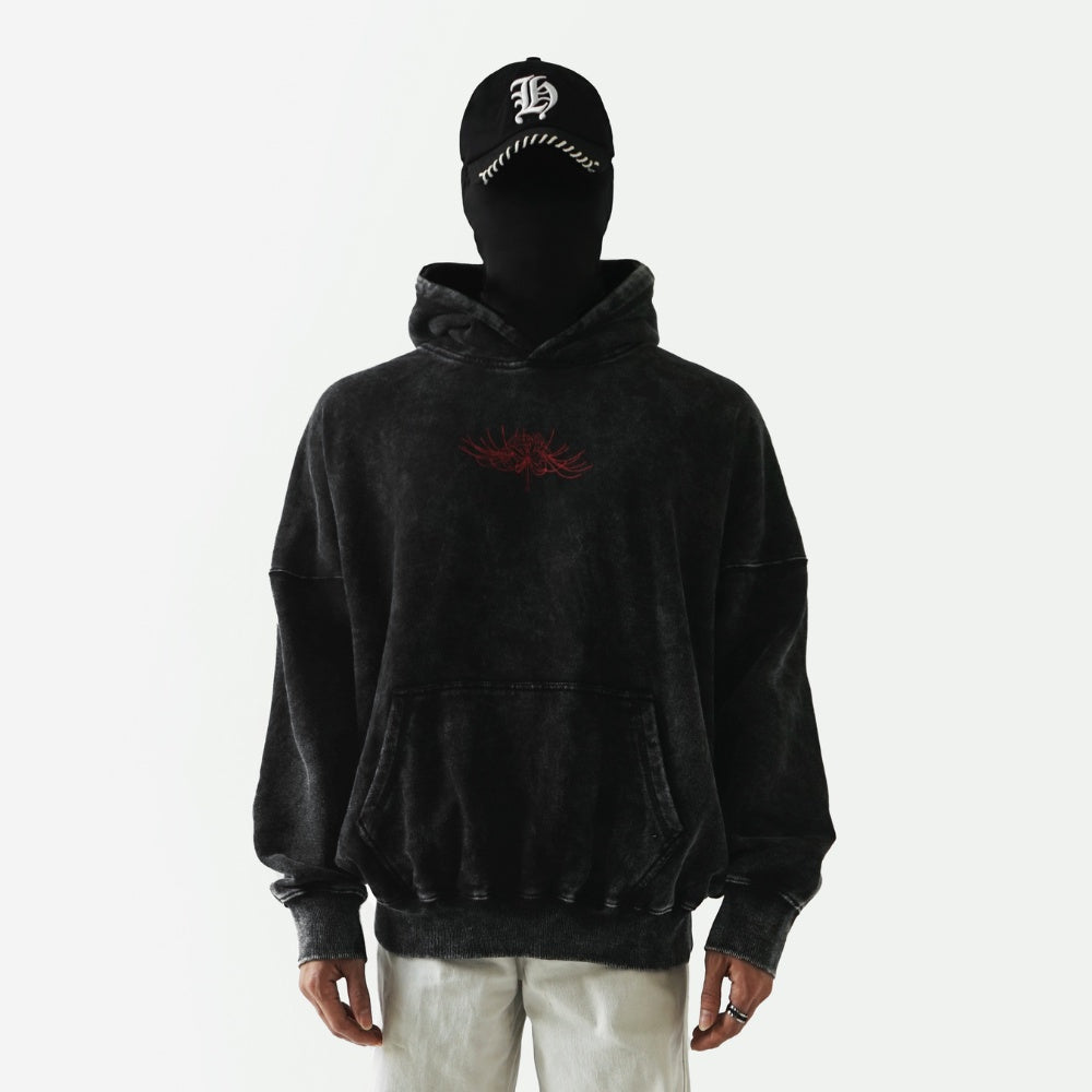 Washed Black Wide Spider Lily Oversized Hoodie