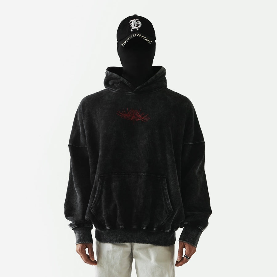 Washed Black Wide Spider Lily Oversized Hoodie