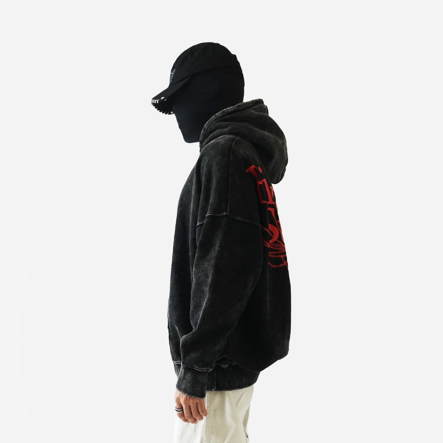 Washed Black Wide Spider Lily Oversized Hoodie