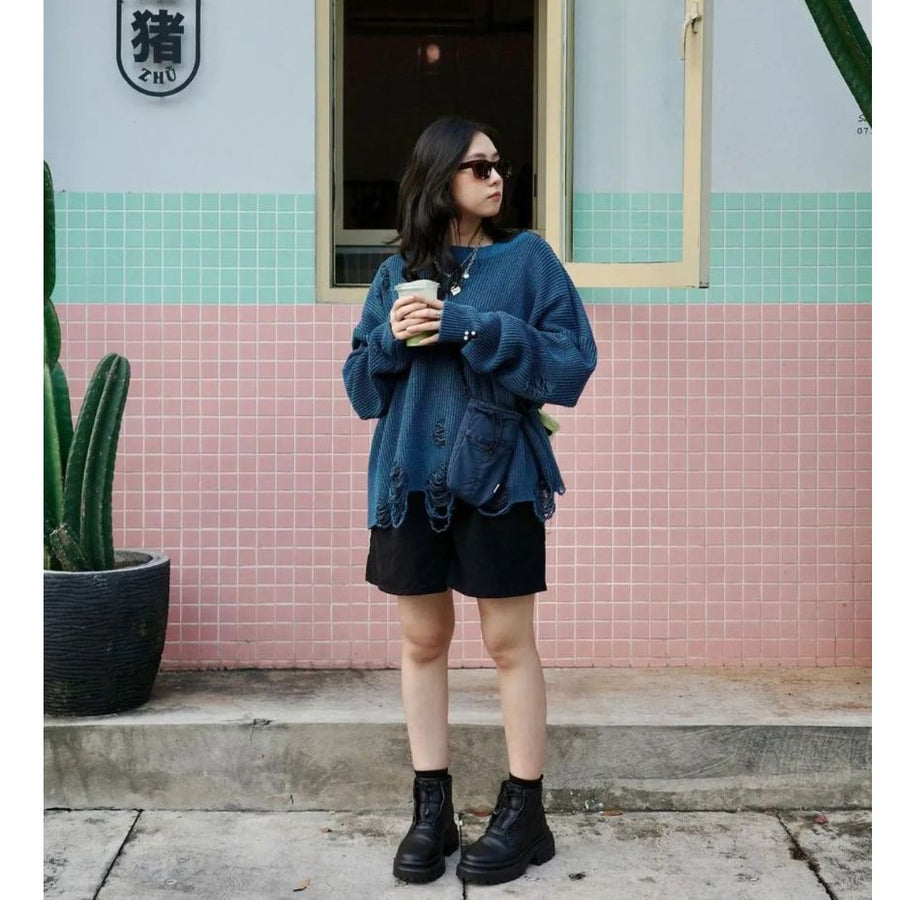 Distressed Blue Flux Oversized Knit Sweater