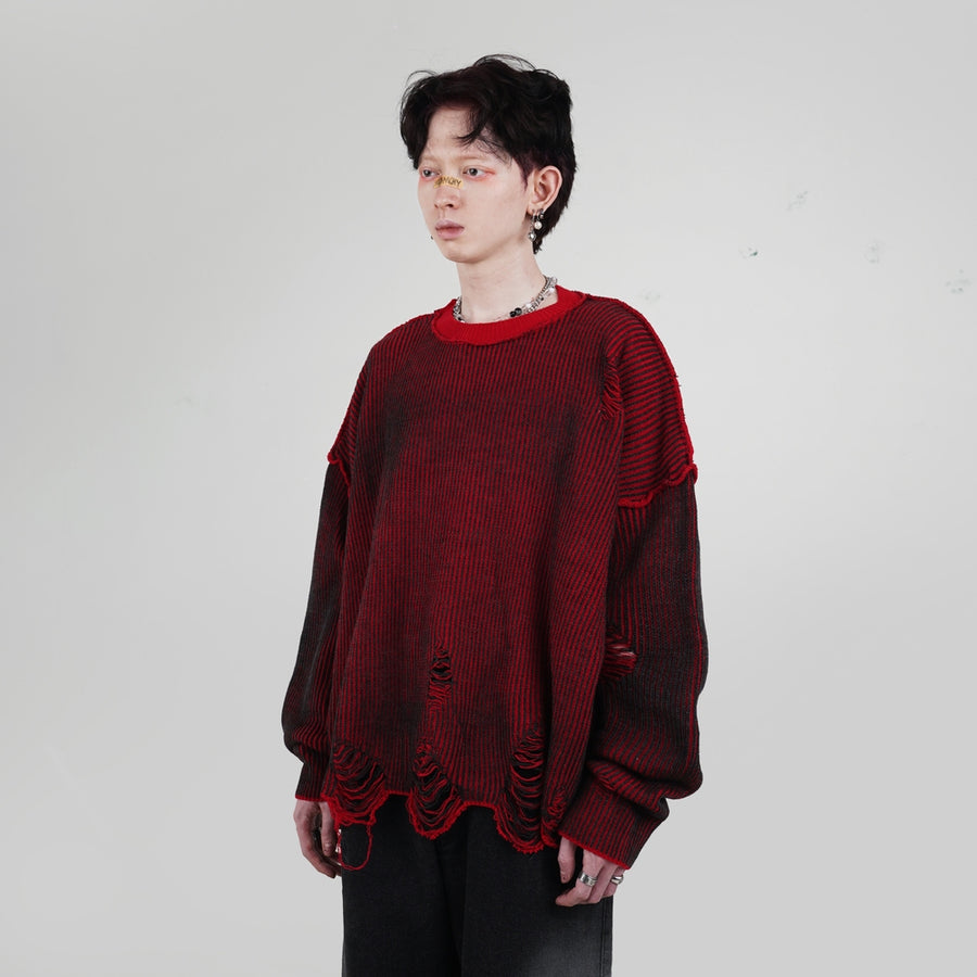 Distressed Red Flux Oversized Knit Sweater