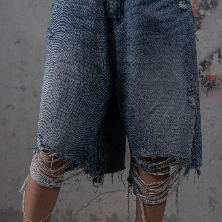 HIERARCHY STUDIOS TYPEWRITER - Blue Ripped Denim Jorts