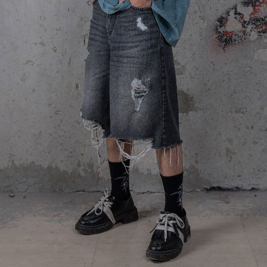 HIERARCHY STUDIOS TYPEWRITER - Grey Ripped Denim Jorts