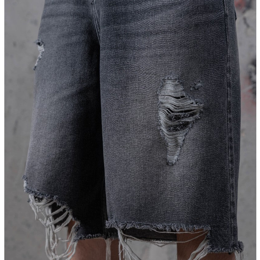 HIERARCHY STUDIOS TYPEWRITER - Grey Ripped Denim Jorts