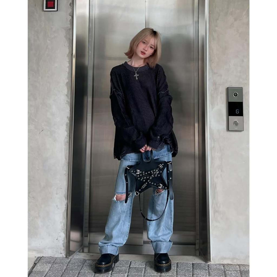 HIERARCHY STUDIOS Chroma - Distressed Dark Grey Flux Oversized Knit Sweater