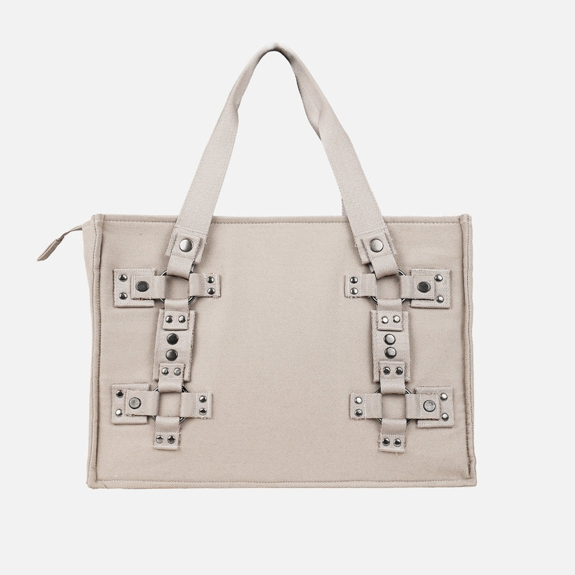 HIERARCHY STUDIOS ENE - Cream Metal Plate Stud Tote Bag