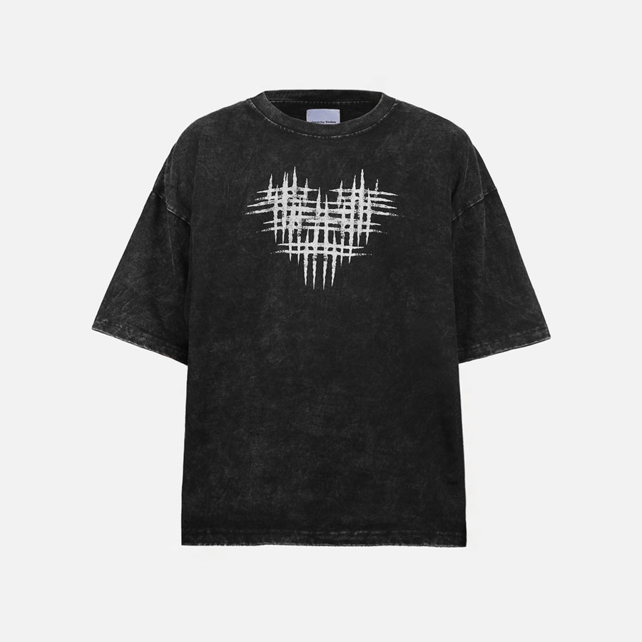 HIERARCHY STUDIOS ENE - Washed Black Hearts Logo Boxy Oversized T-Shirt