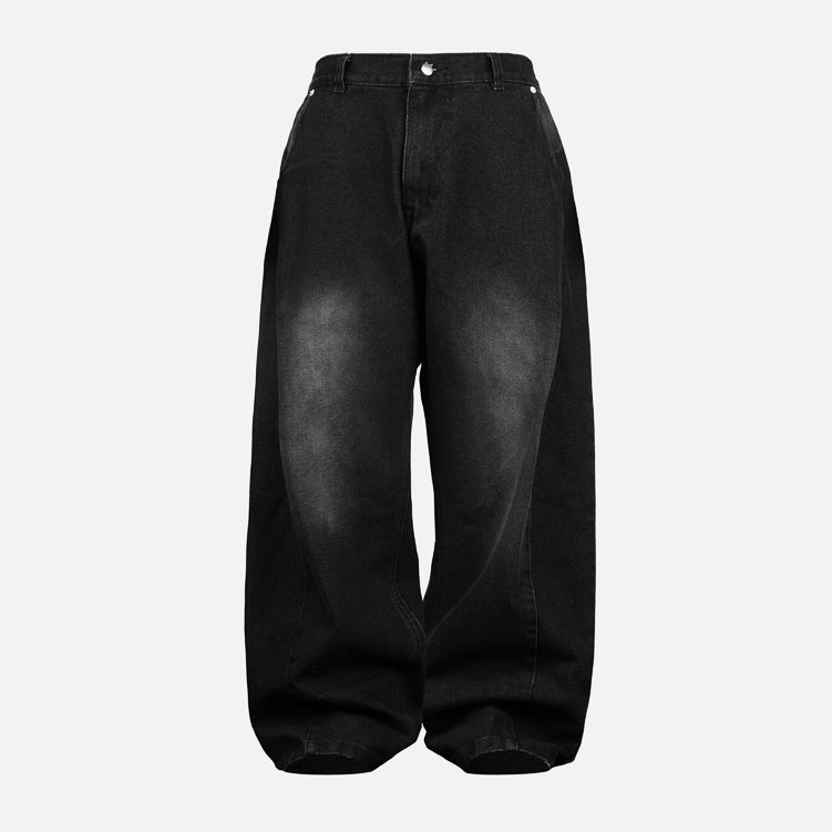 Black Slant Baggy Denim Pants