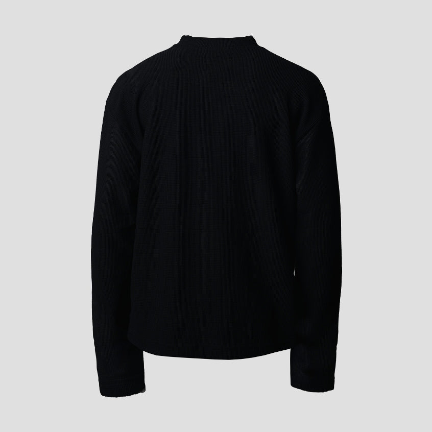Hierarchy Studios HOLLOWS - Black Basic Henley Thermal Waffle Boxy Long Sleeve