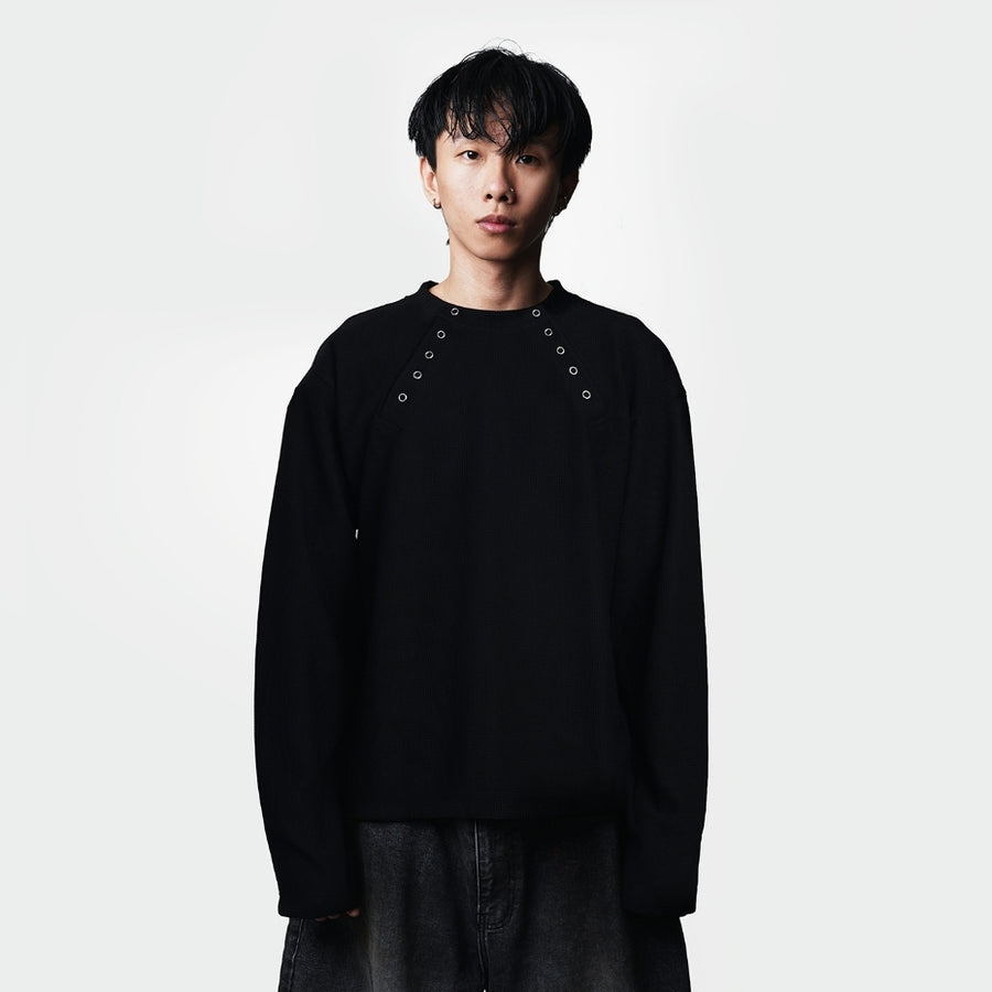 Black Double Basic Thermal Waffle Henley Boxy Long Sleeve