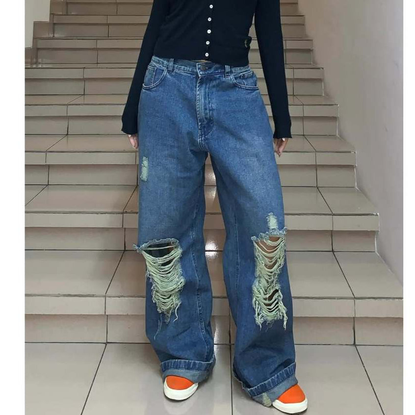 Washed Blue Ripped Baggy Denim Jeans