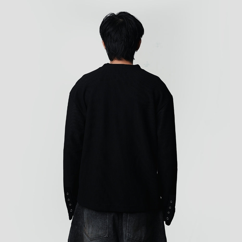 Black Double Basic Thermal Waffle Henley Boxy Long Sleeve