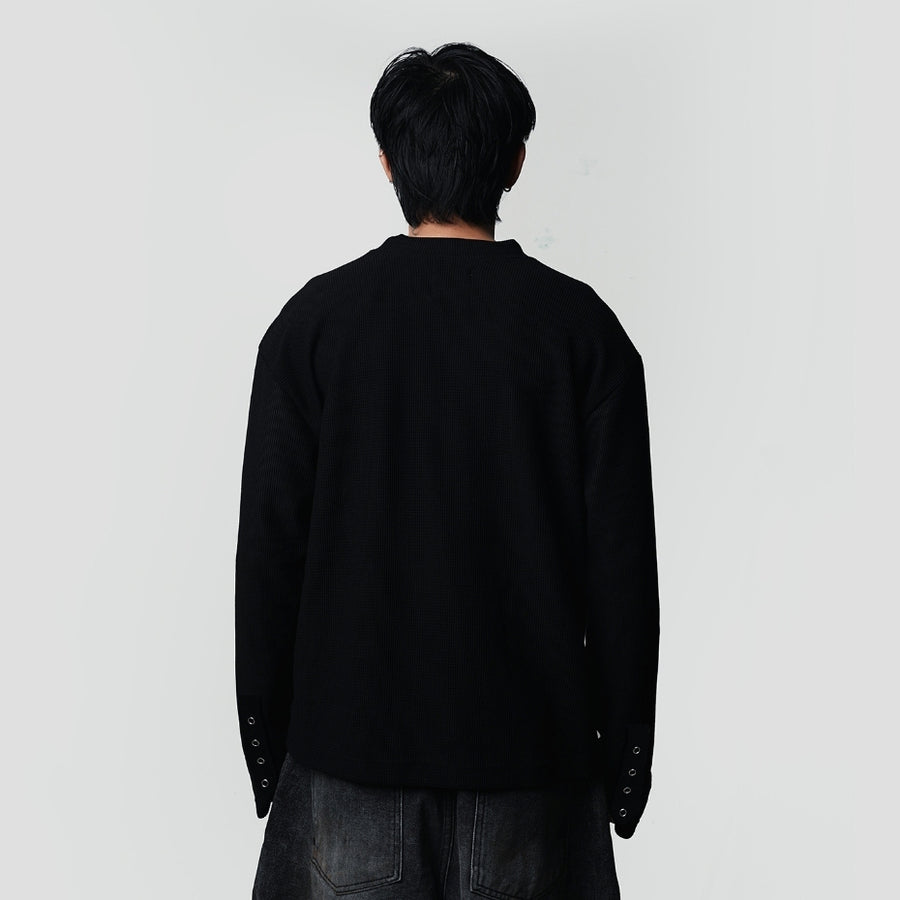 Black Double Basic Thermal Waffle Henley Boxy Long Sleeve