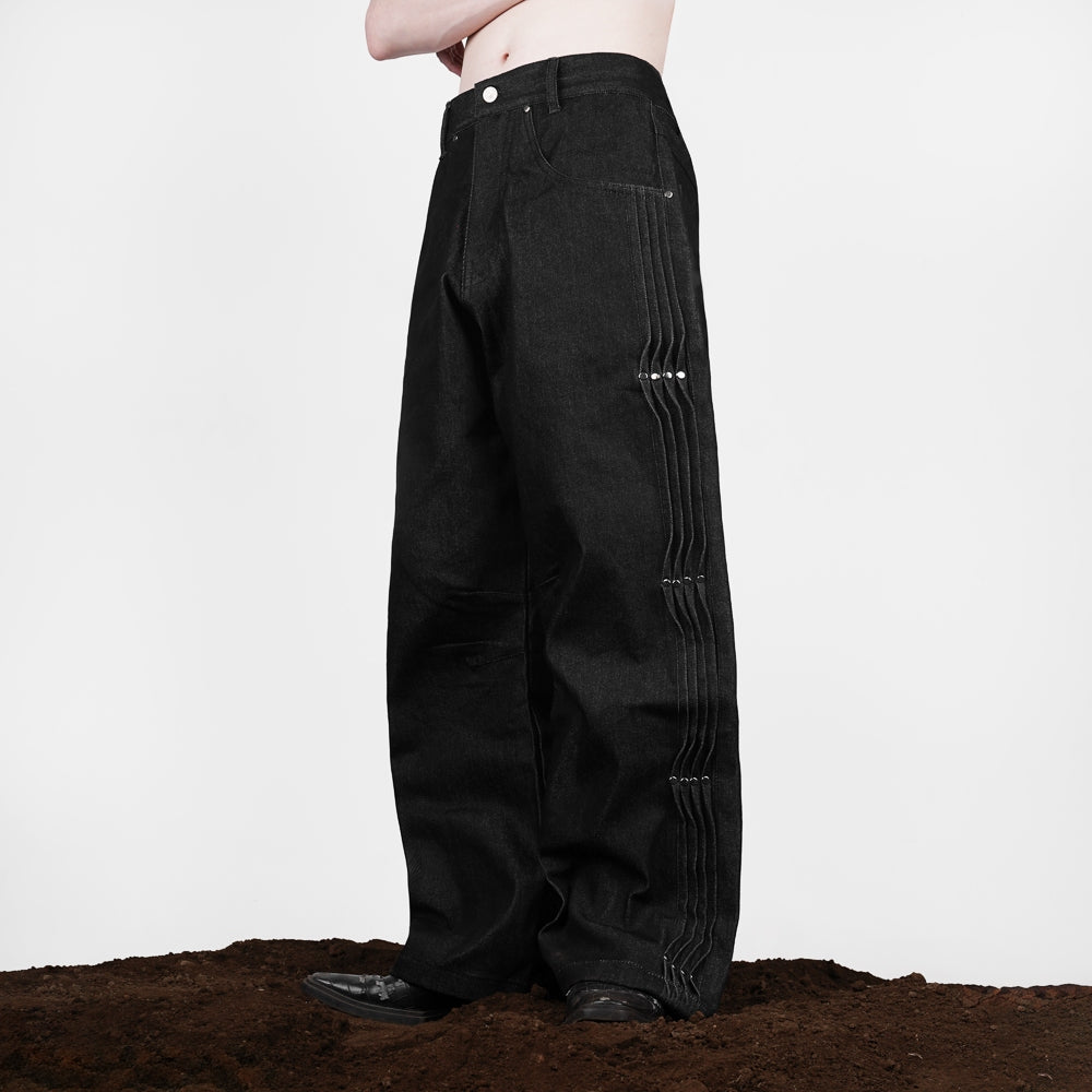 Black Studs Raw Baggy Denim Pants