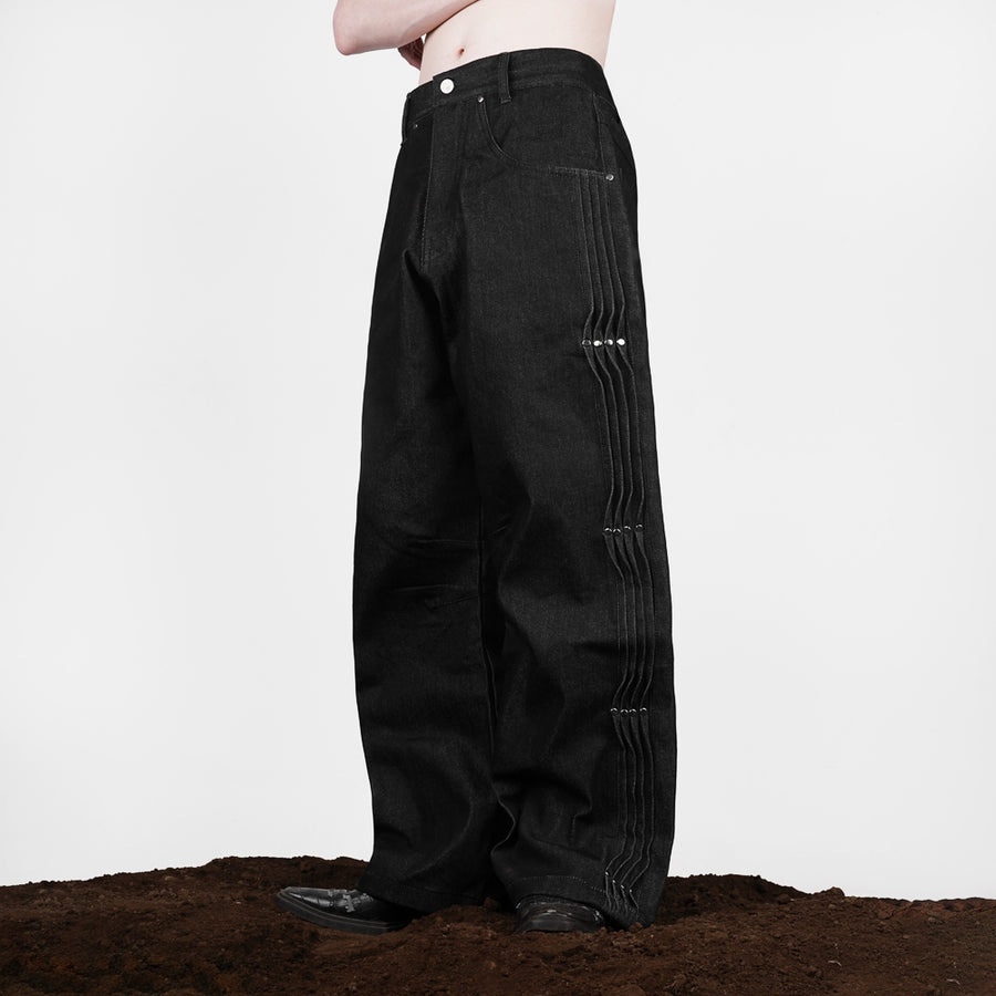 Black Studs Raw Baggy Denim Pants