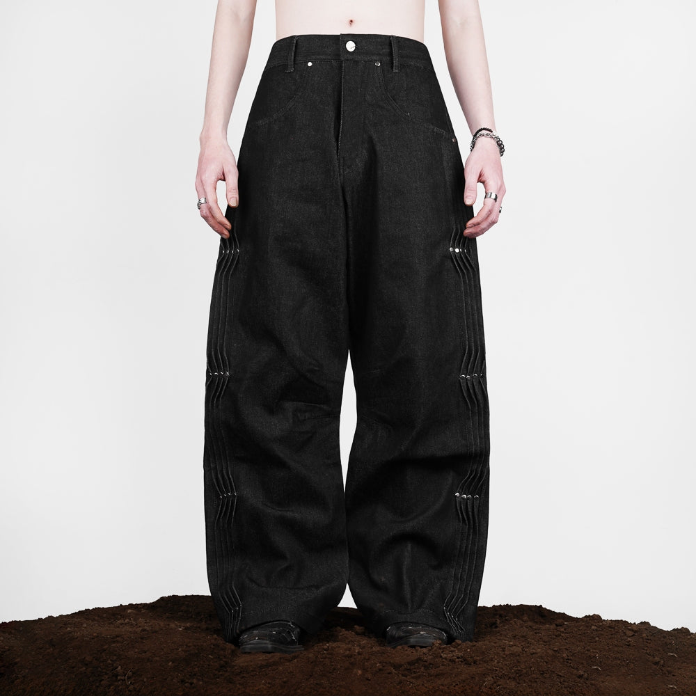 Black Studs Raw Baggy Denim Pants