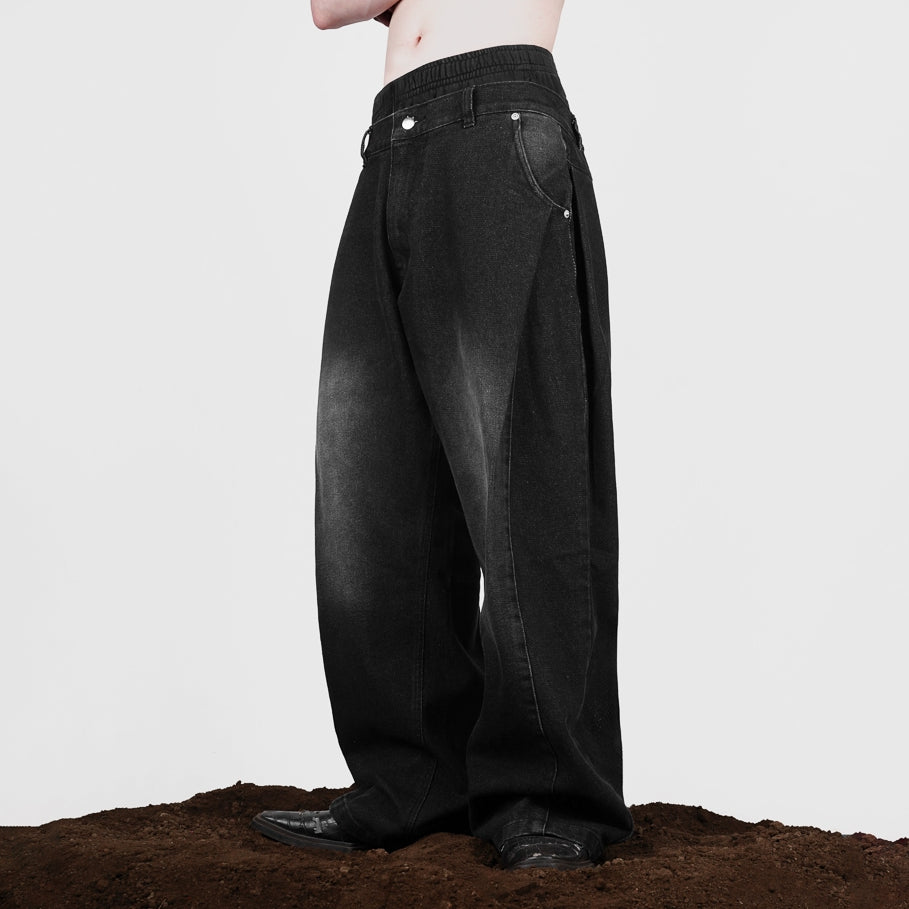 Black Slant Baggy Denim Pants