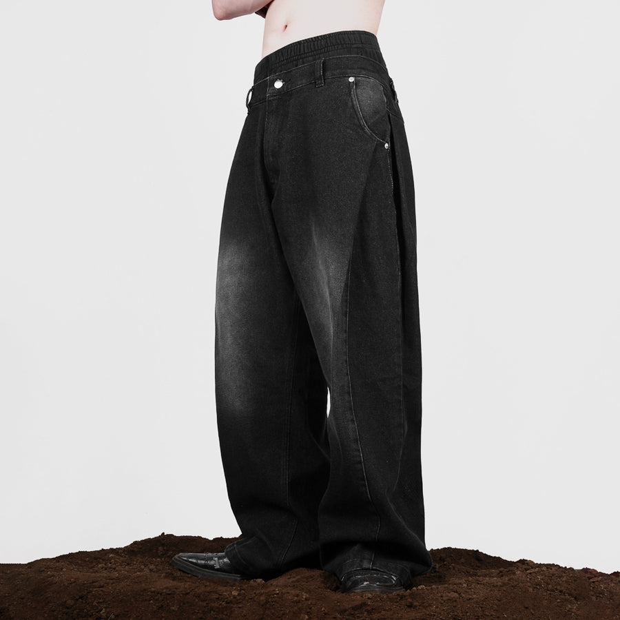 Black Slant Baggy Denim Pants
