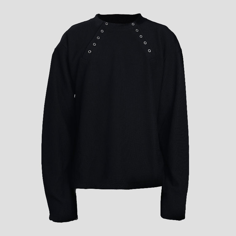 Black Double Basic Thermal Waffle Henley Boxy Long Sleeve