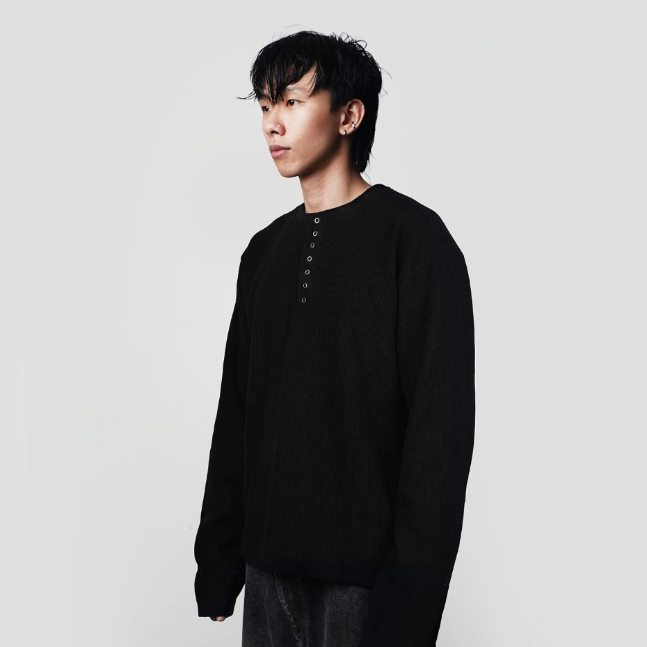 Hierarchy Studios HOLLOWS - Black Basic Henley Thermal Waffle Boxy Long Sleeve